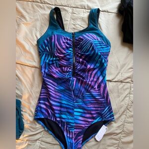 Teal & Purple Tropical Zip-Front One-Piece Swimsuit